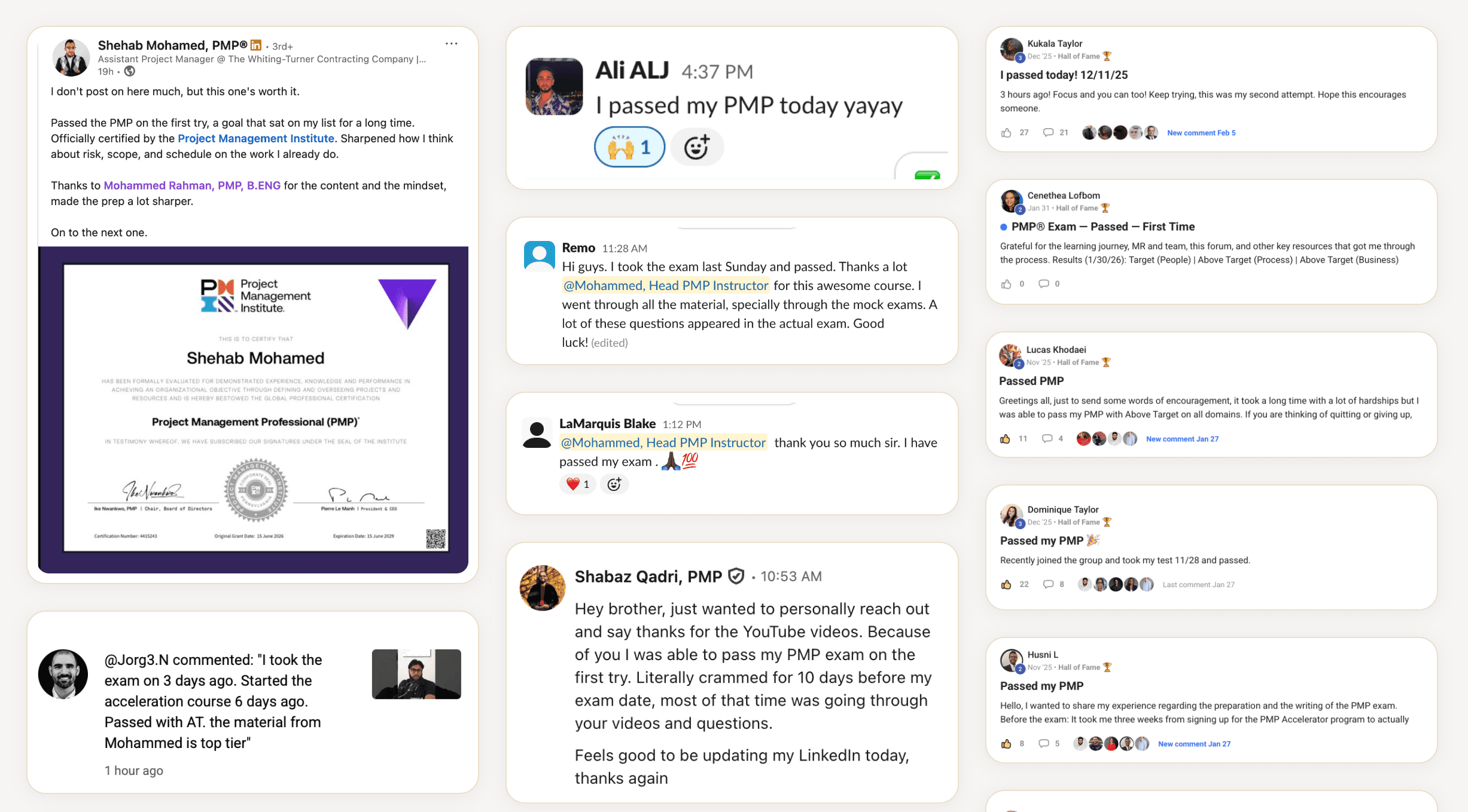 Student testimonials and pass announcements from LinkedIn, community chat, and comments